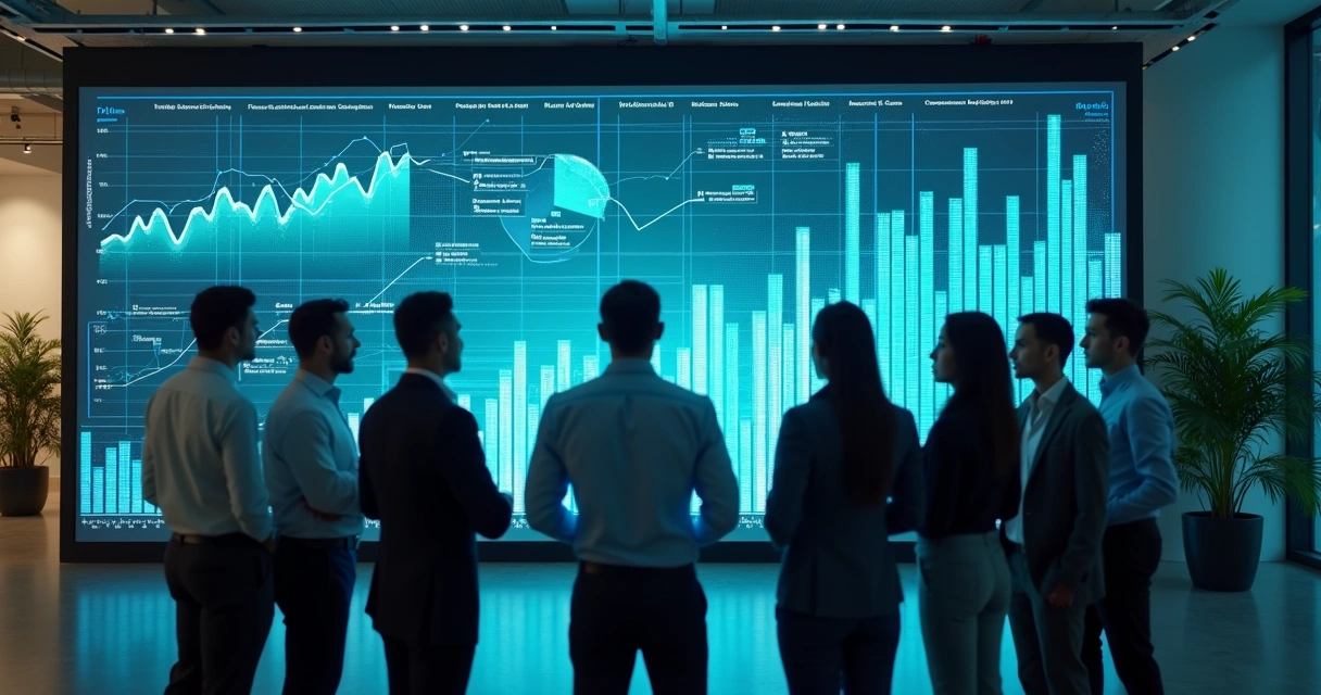 Painel de previsão de vendas com gráficos de IA e dados sendo analisados por equipe 