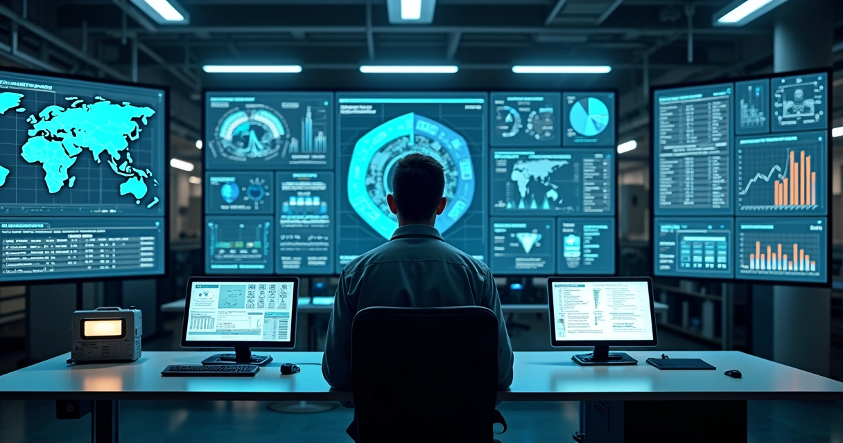 Factory worker reviews predictive maintenance dashboard 