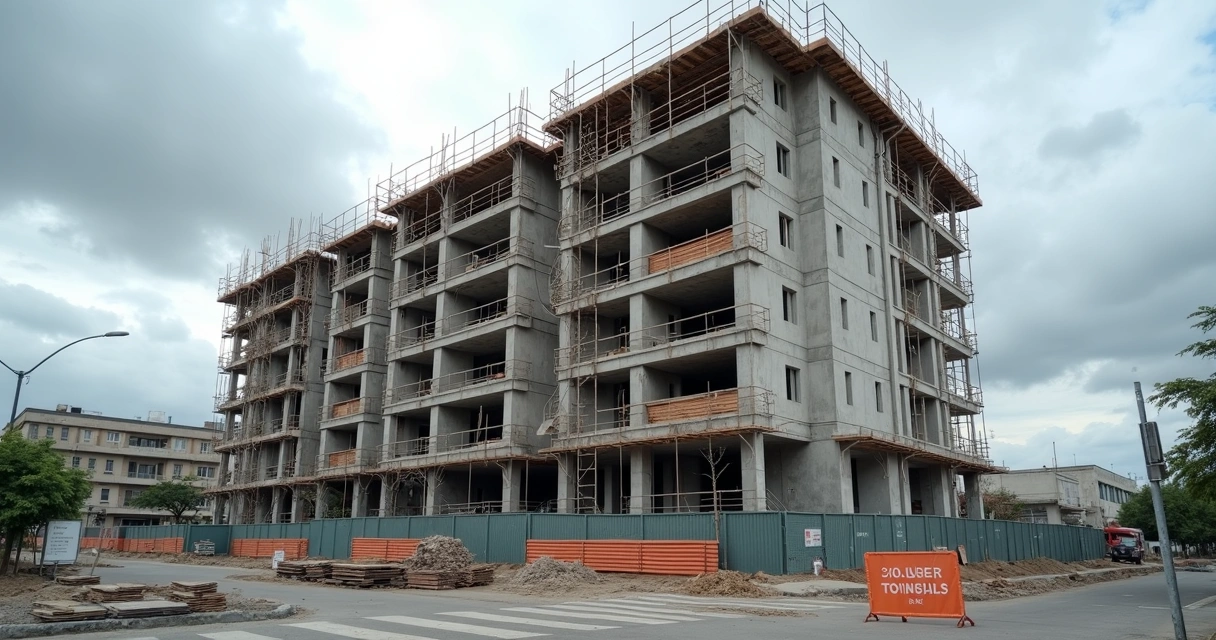 Prédio em construção atrasado com canteiro quase parado 