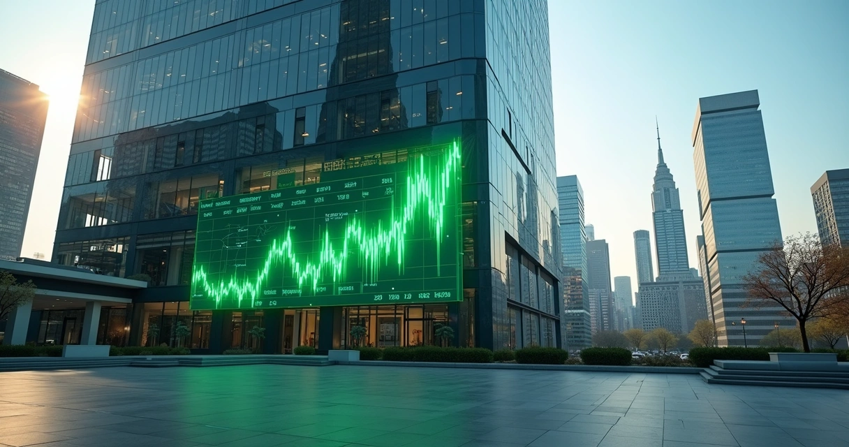 Prédio comercial moderno com gráficos financeiros ao fundo e bolsa de valores sendo exibida em tela digital. 