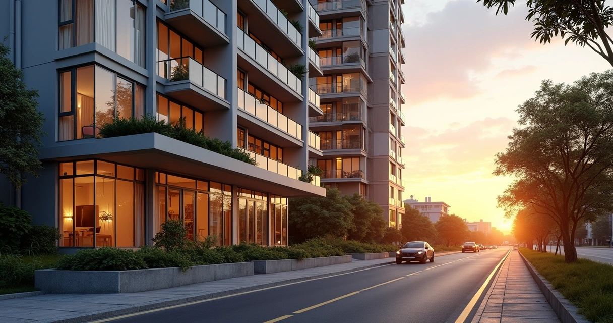 Vista de prédio moderno em Campinas com fachada envidraçada ao entardecer 