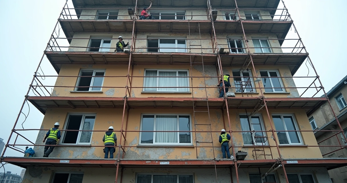 Fachada de prédio em obras com andaimes e trabalhadores 