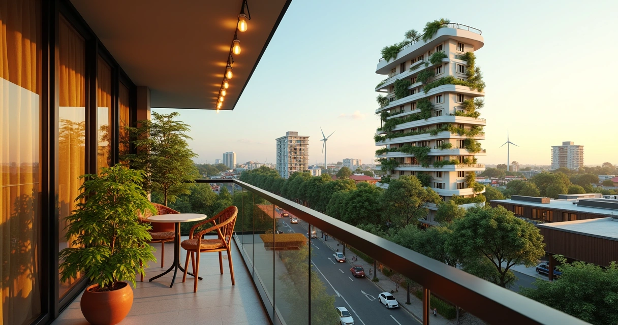 Varanda de apartamento com plantas voltada para prédio sustentável com painéis solares 