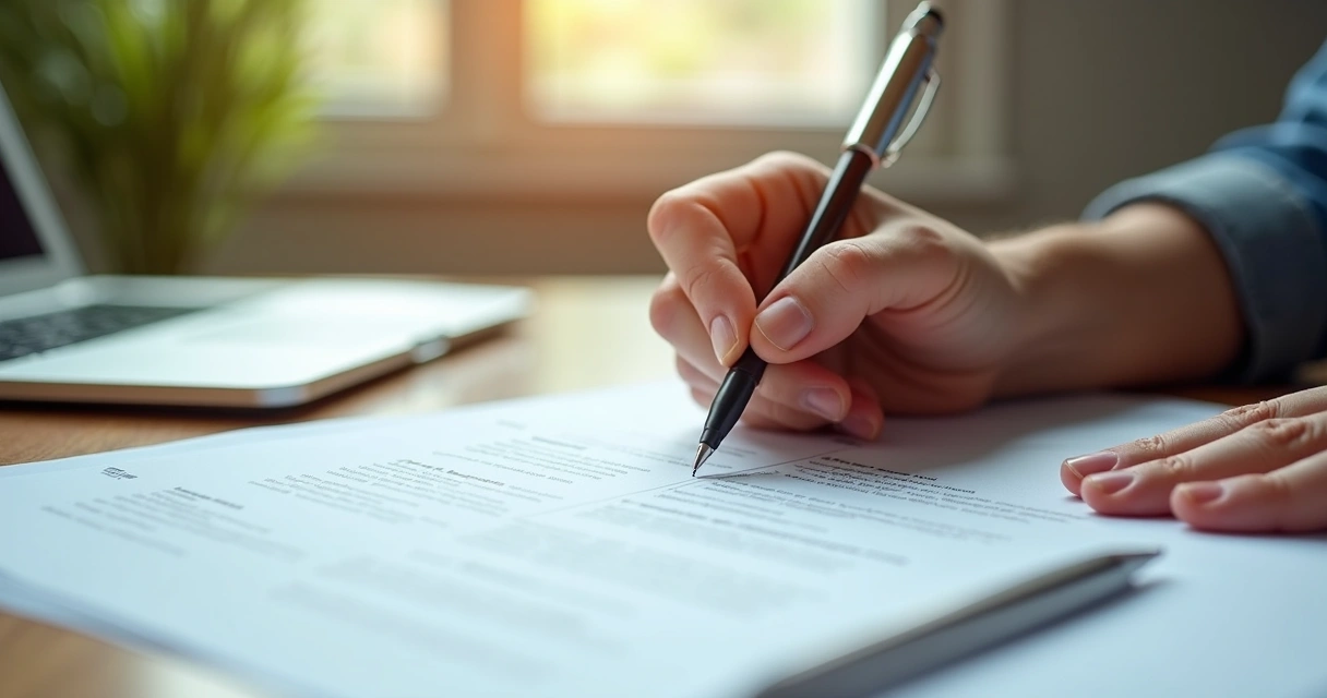 Mão segurando caneta preenchendo carta de entrega de imóvel atras de um contrato