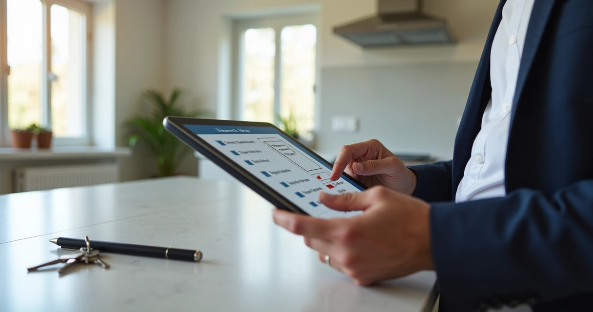 Pessoa usando tablet para preencher checklist em vistoria de imóvel