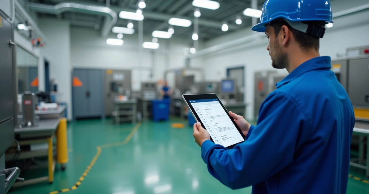 Trabalhador usando tablet para checklist de inspeção de segurança