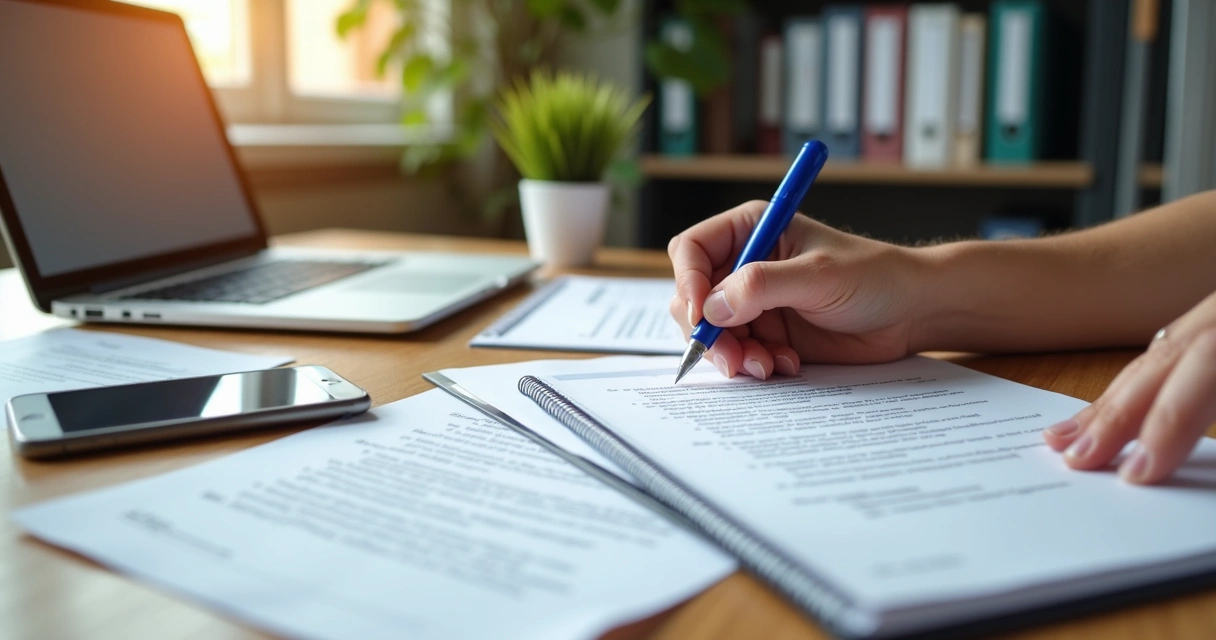 Pessoa preenchendo contrato de locação com caneta sobre mesa organizada com documentos e laptop 