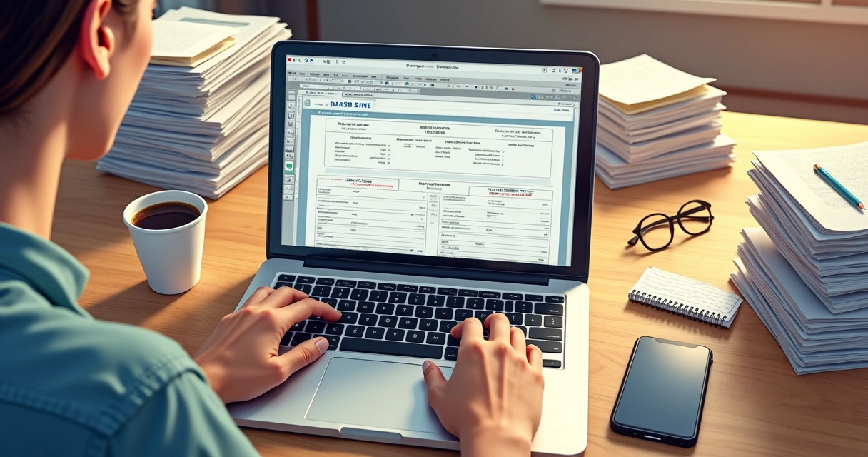 Pessoa preenchendo a DASN SIMEI no computador com documentos ao lado 