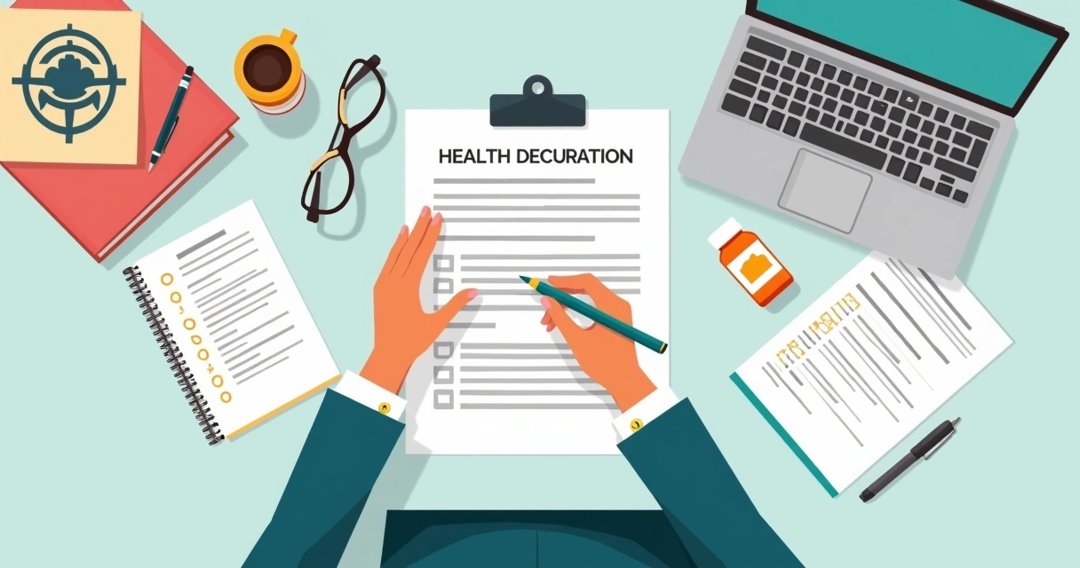 Pessoa preenchendo formulário de declaração de saúde com documentos médicos ao lado. 