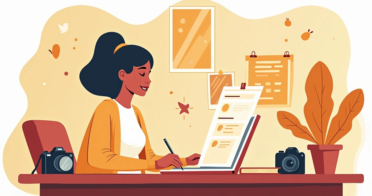 Pessoa preenchendo perfil online em um laptop, com itens que representam hobbies ao redor.