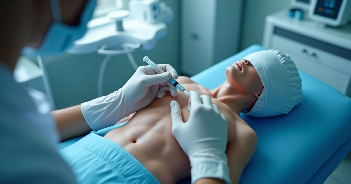 Médico aplicando preenchimento peniano em clínica com iluminação clara 