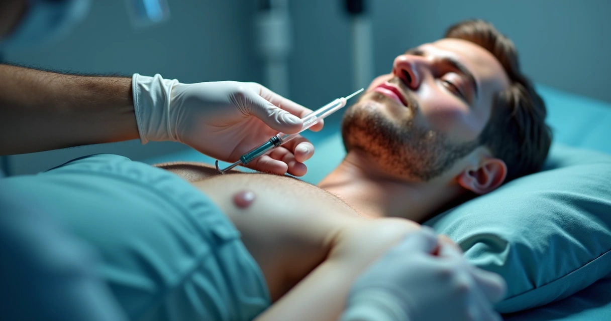 Médico segurando cânula e preparando aplicação de gel em área íntima masculina, em consultório 