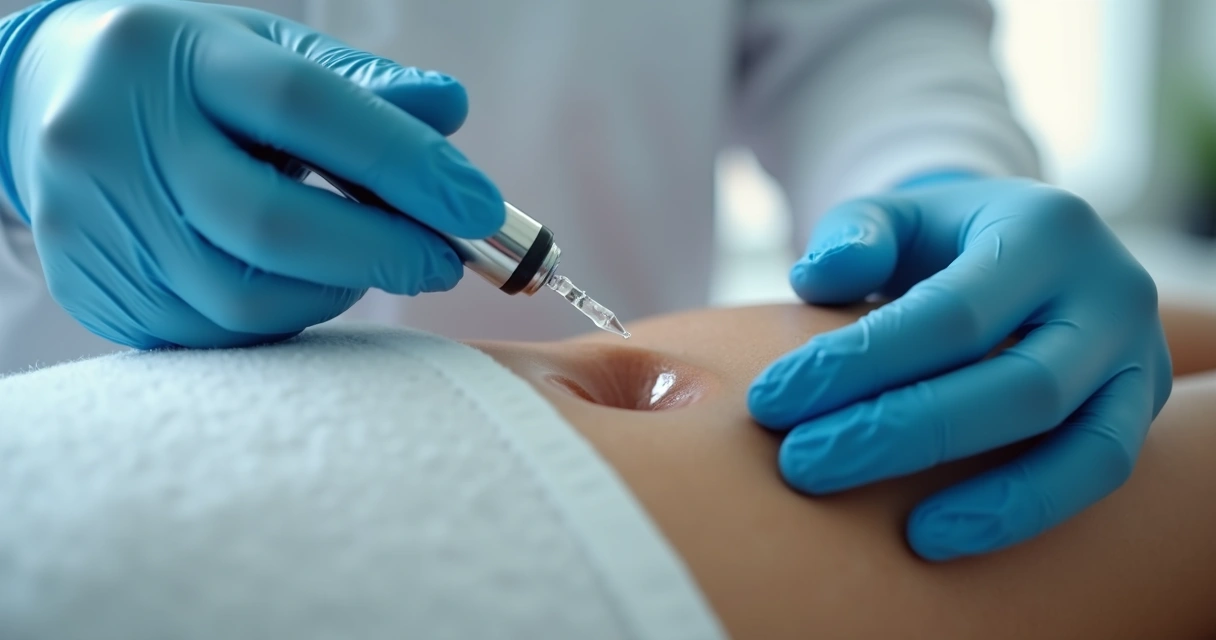 Médico aplicando preenchimento peniano com ácido hialurônico em consultório estéril