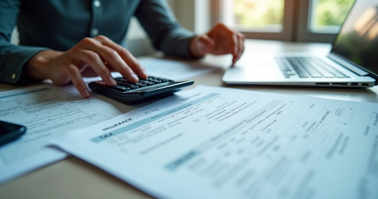 Pessoa preenchendo declaração de imposto com calculadora 