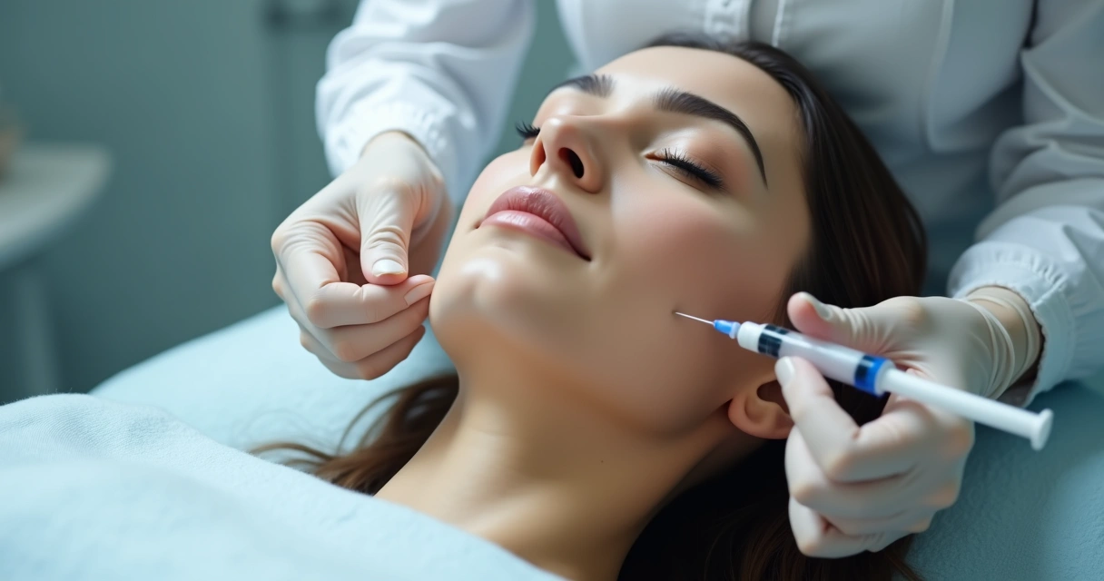 Aplicação de preenchimento facial com seringa em mulher deitada 