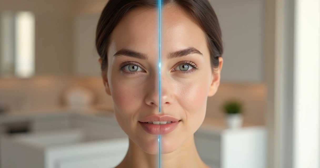 Rosto feminino em close com simulação suave de antes e depois de preenchimento facial 