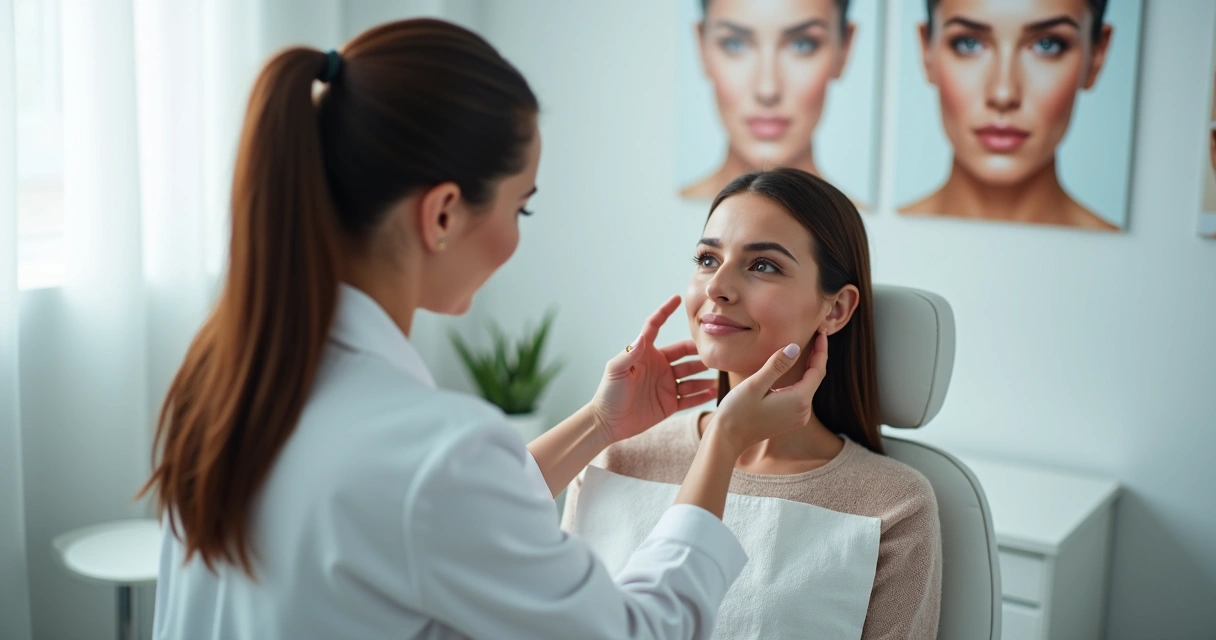 Paciente passa por avaliação de preenchimento facial em clínica moderna 