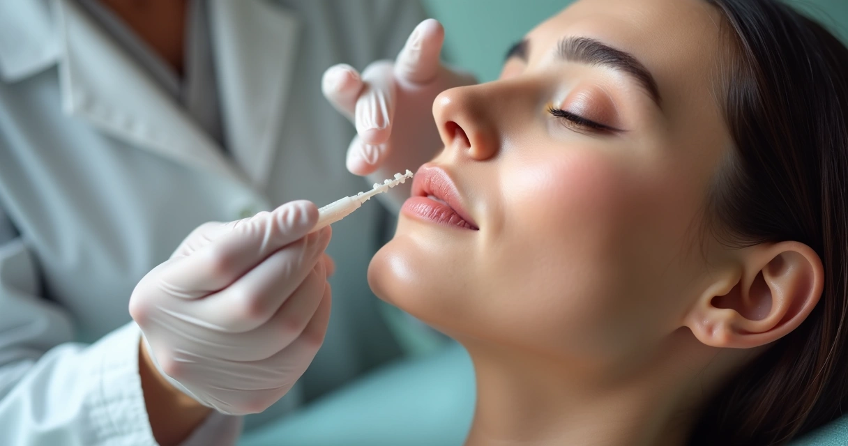 Aplicação clínica de preenchimento facial leve em paciente mulher, luz natural ambiente consultório 