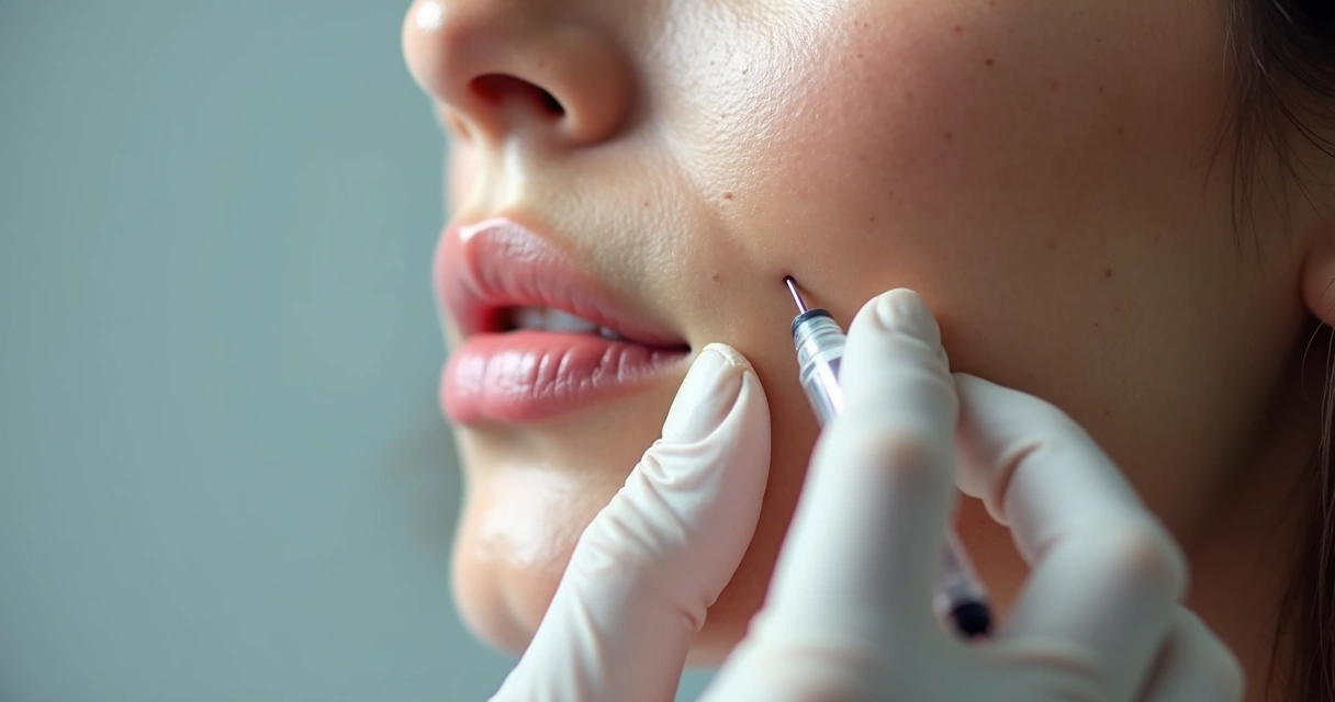 Mão segurando seringa próxima ao rosto de paciente em procedimento facial 