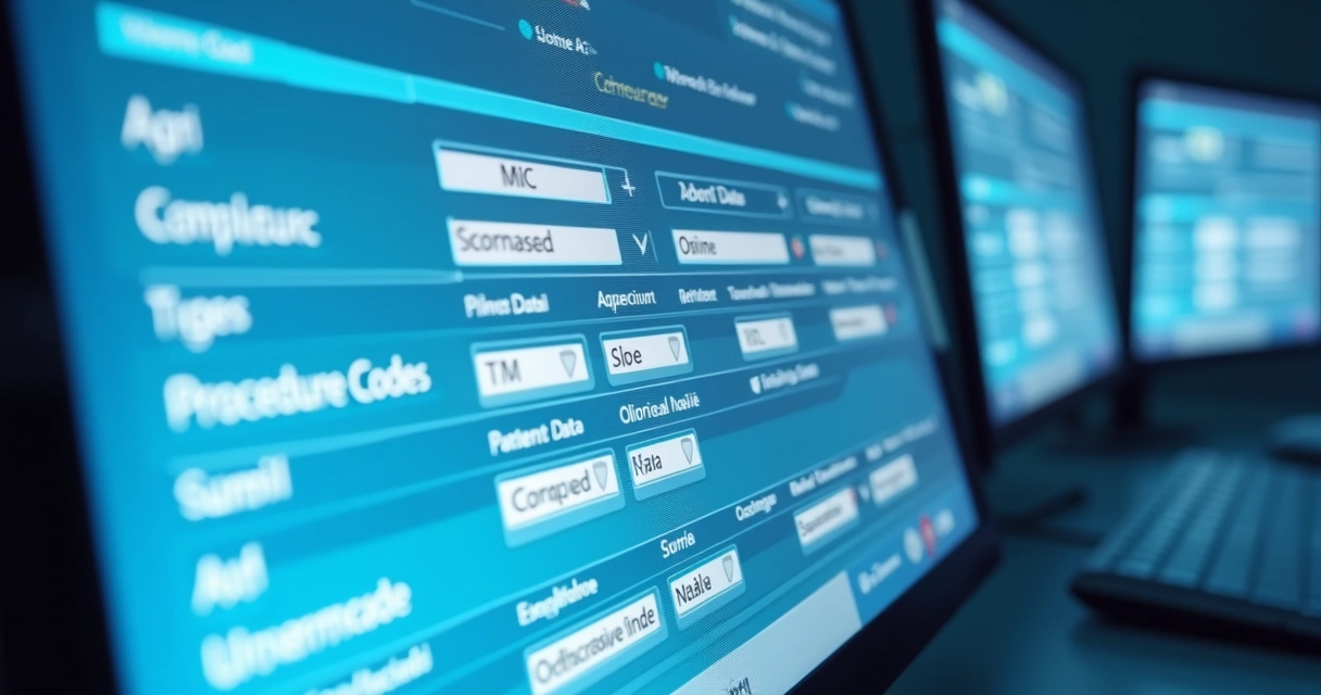 Tela de computador mostrando o preenchimento digital de uma guia médica com campos destacados 