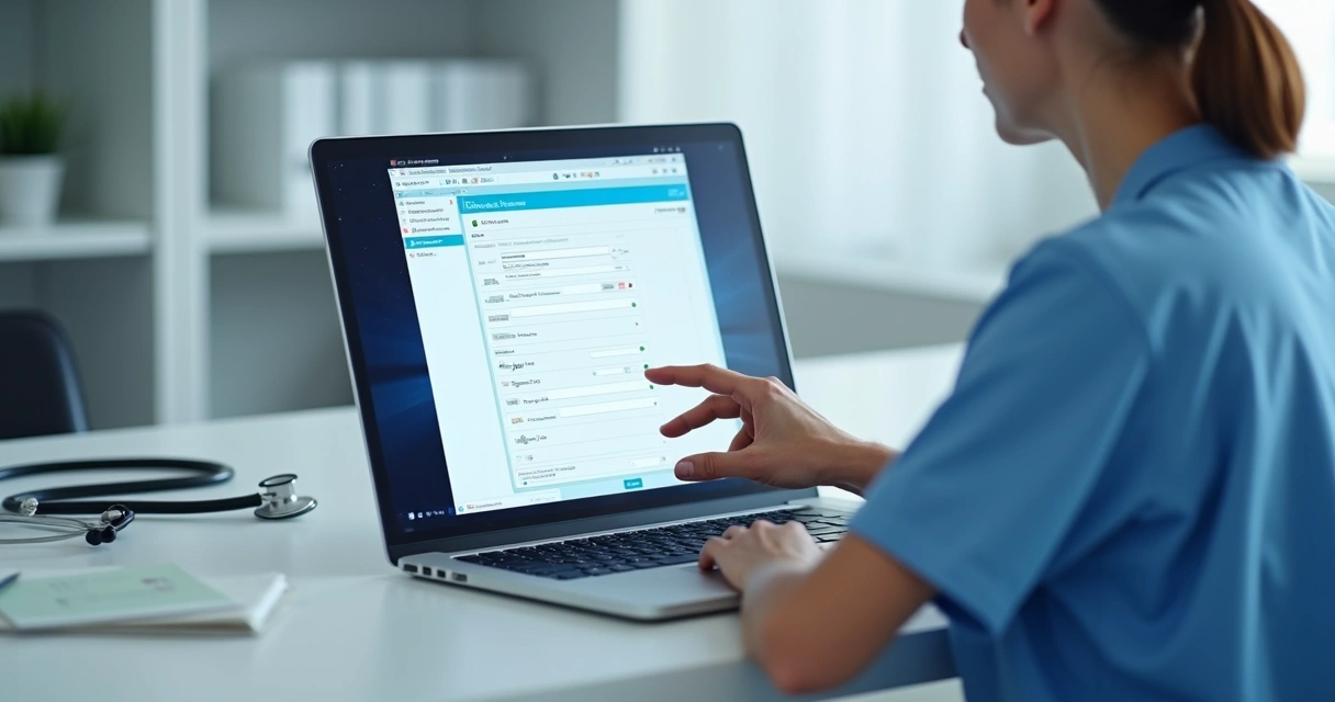 Médico preenchendo guia médica digital em notebook 