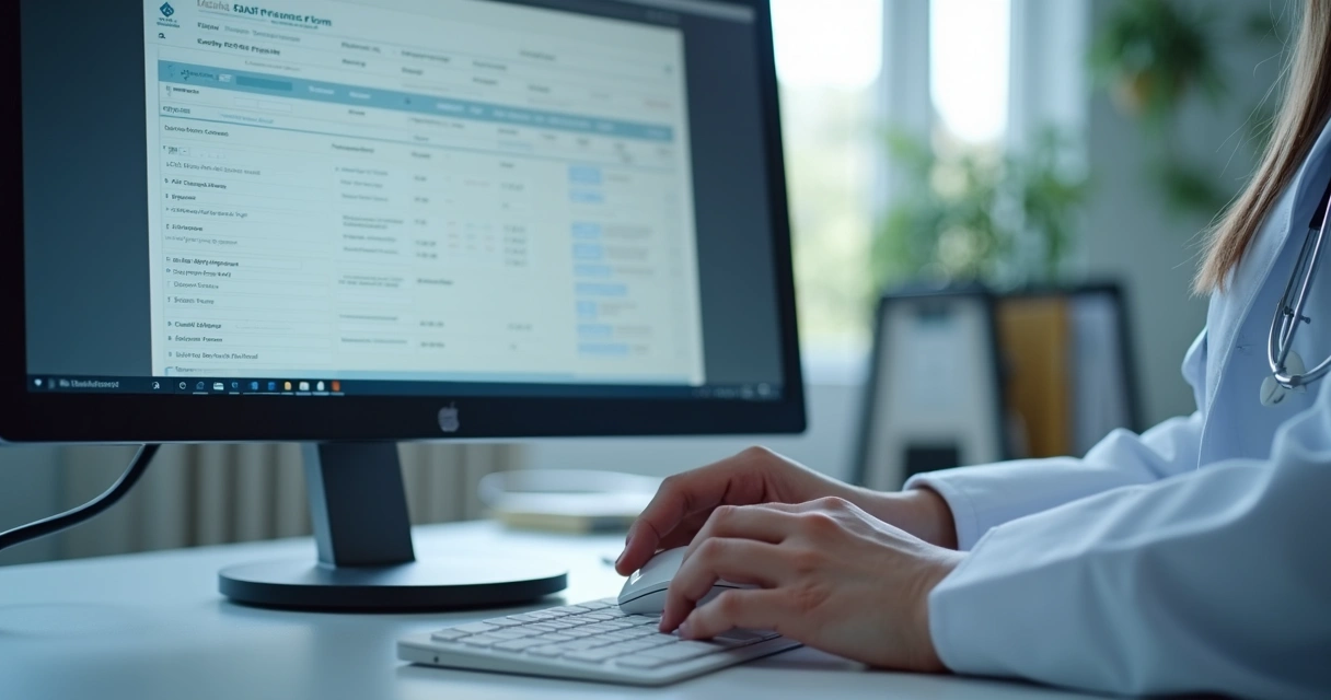 Tela de computador mostrando o preenchimento digital de um guia médico SADT 