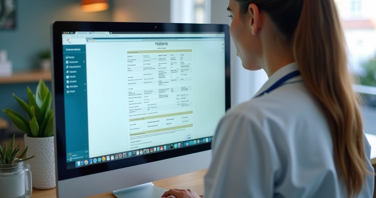 Profissional de saúde digitando informações de paciente em guia TISS, na recepção da clínica 