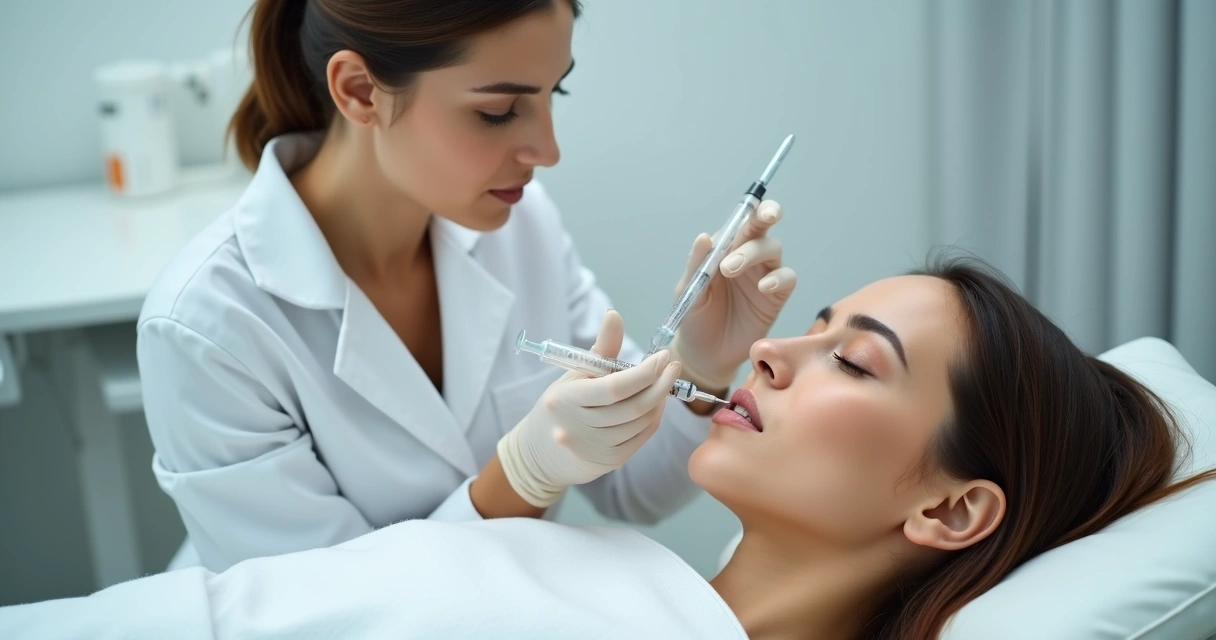 Profissional aplicando preenchimento labial em paciente em ambiente clínico 