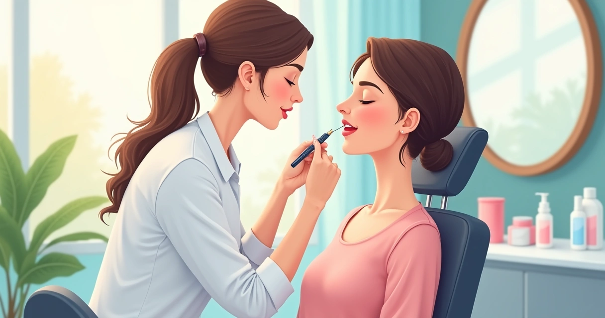 Especialista aplicando preenchimento labial em mulher. 