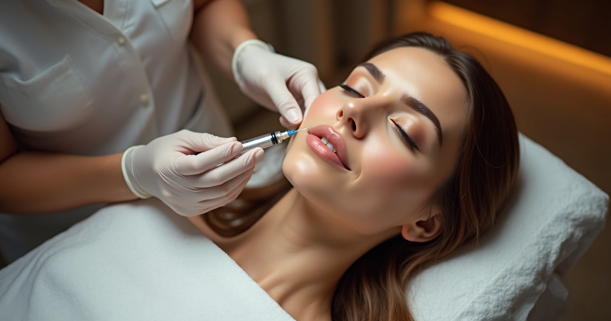 Detalhe do procedimento de preenchimento labial com seringa próximo aos lábios 