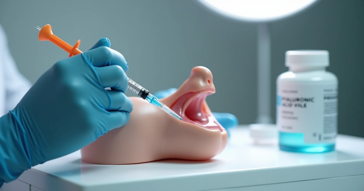 Procedimento de preenchimento peniano com seringa e profissional utilizando luvas recapitulando orientações