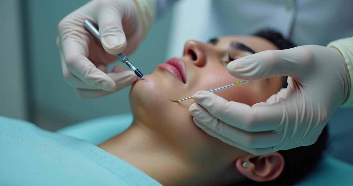 Médico aplicando preenchedor no pênis de um paciente com luvas e materiais descartáveis ao redor 