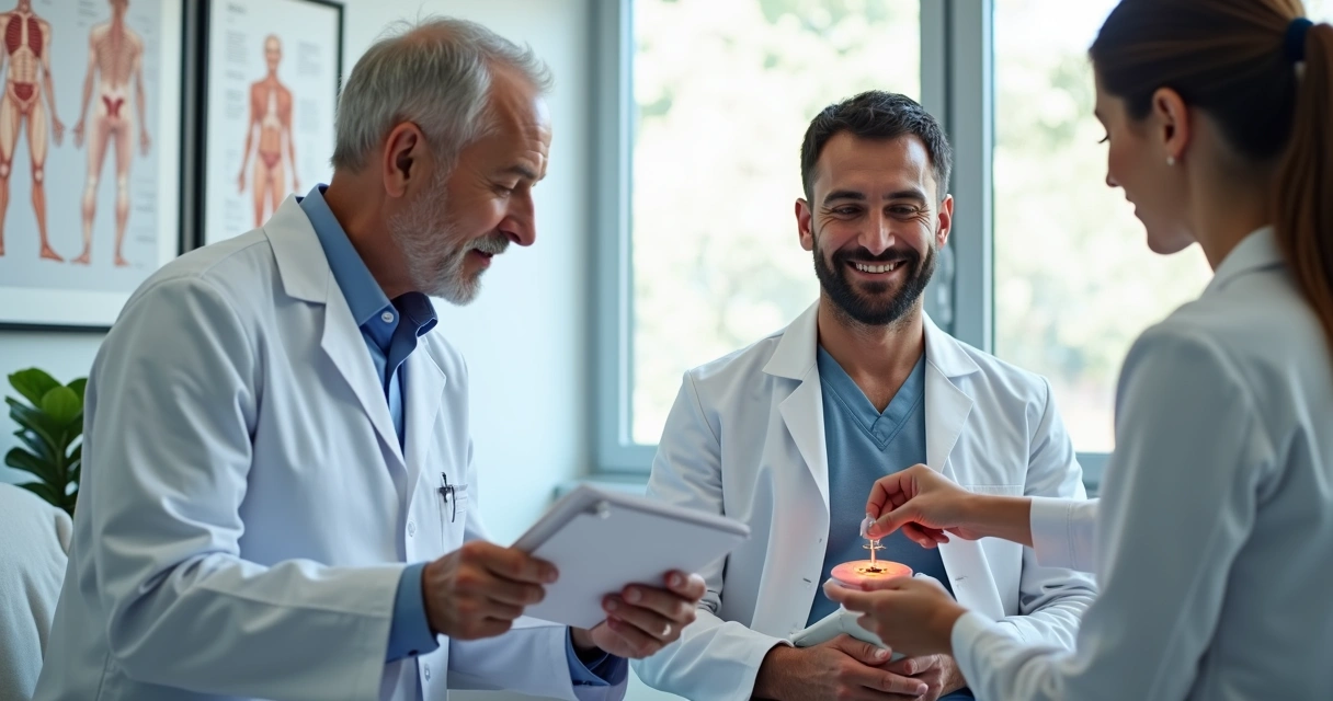 Profissional aplicando preenchimento peniano em consultório médico 