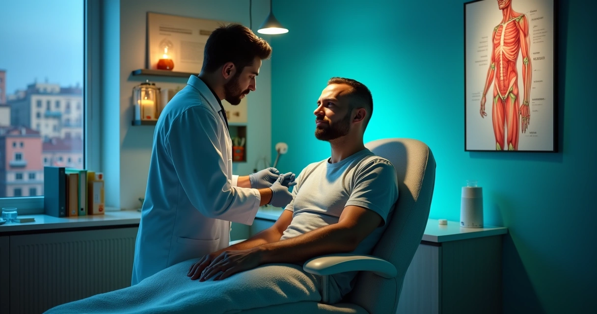 Homem em consultório médico enquanto um médico aplica preenchimento peniano com ácido hialurônico.