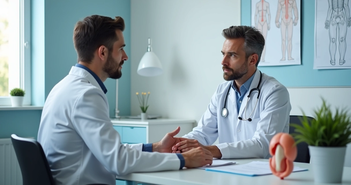 Médico explicando opções de preenchimento peniano em consultório 