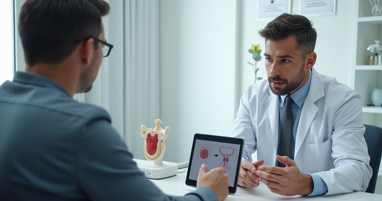 Médico explicando preenchimento peniano em consulta com modelo anatômico 