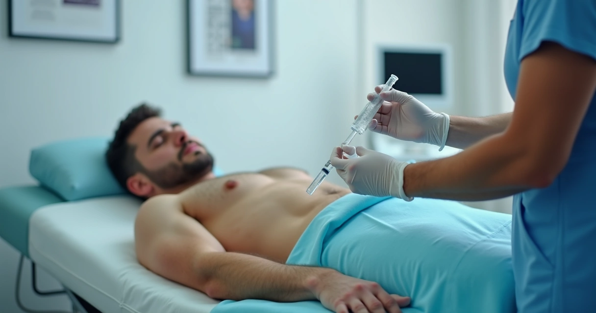 Procedimento médico com paciente masculino deitado em maca, clínica moderna 