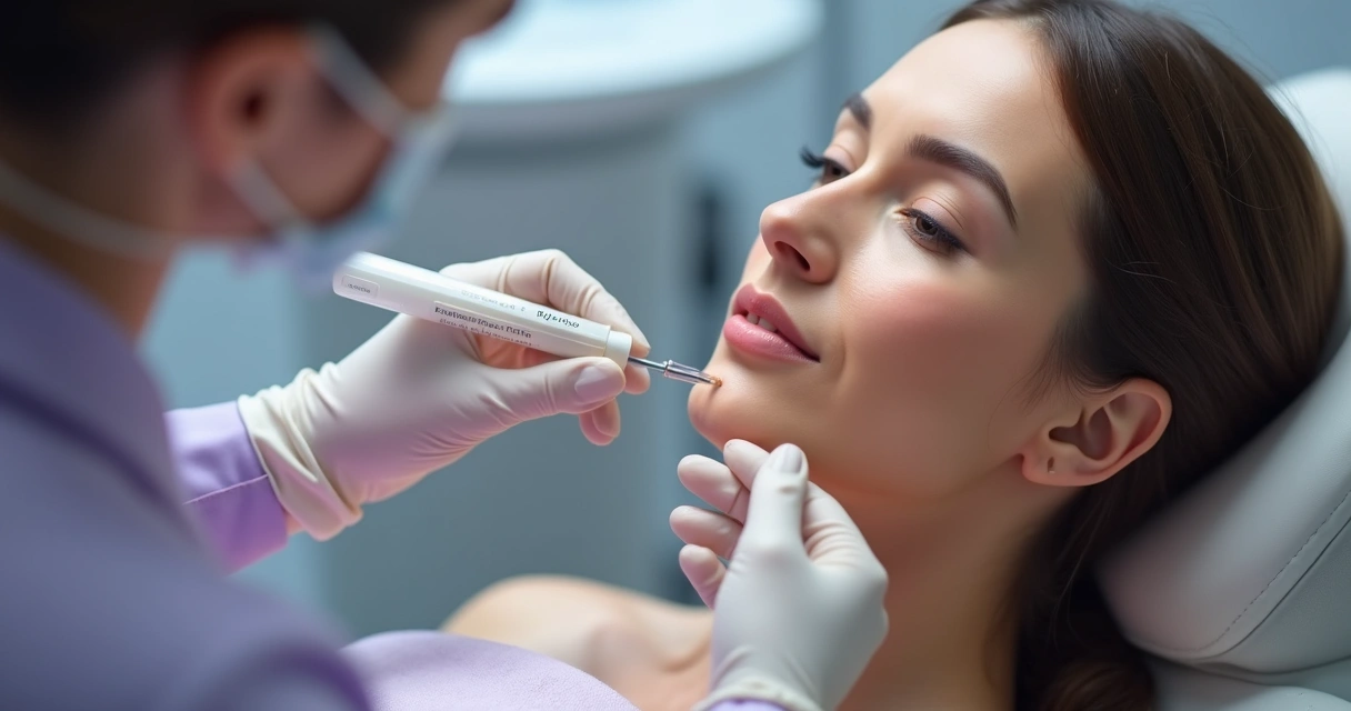 Aplicação de preenchimento de queixo com microcânula em mulher 