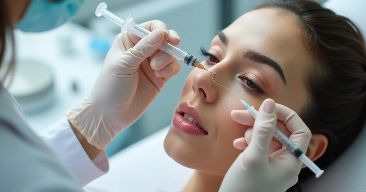 Profissional aplicando ácido hialurônico no rosto de paciente em clínica moderna 