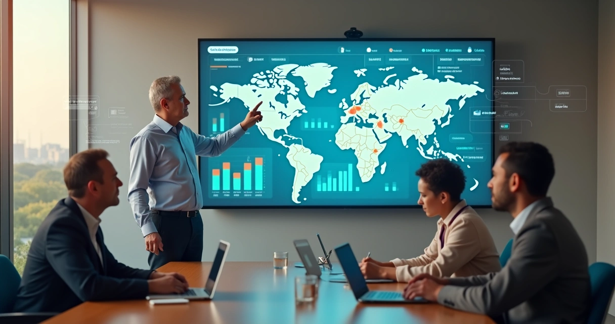 Prefeito analisa painel digital de gestão da cidade ao lado de equipe no gabinete 