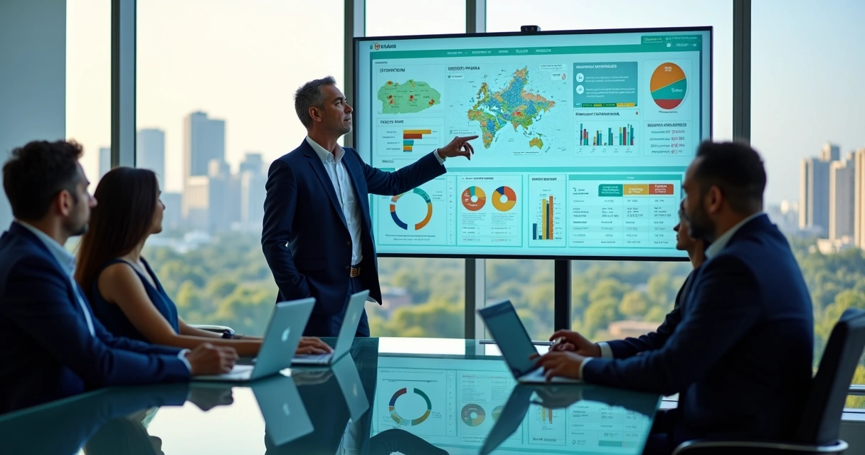 Prefeito analisando painel digital de gestão pública integrado em tela grande 