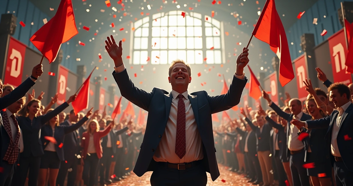 Candidato eleito acenando com equipe, festa de vitória, alegria numa quadra com bandeiras 