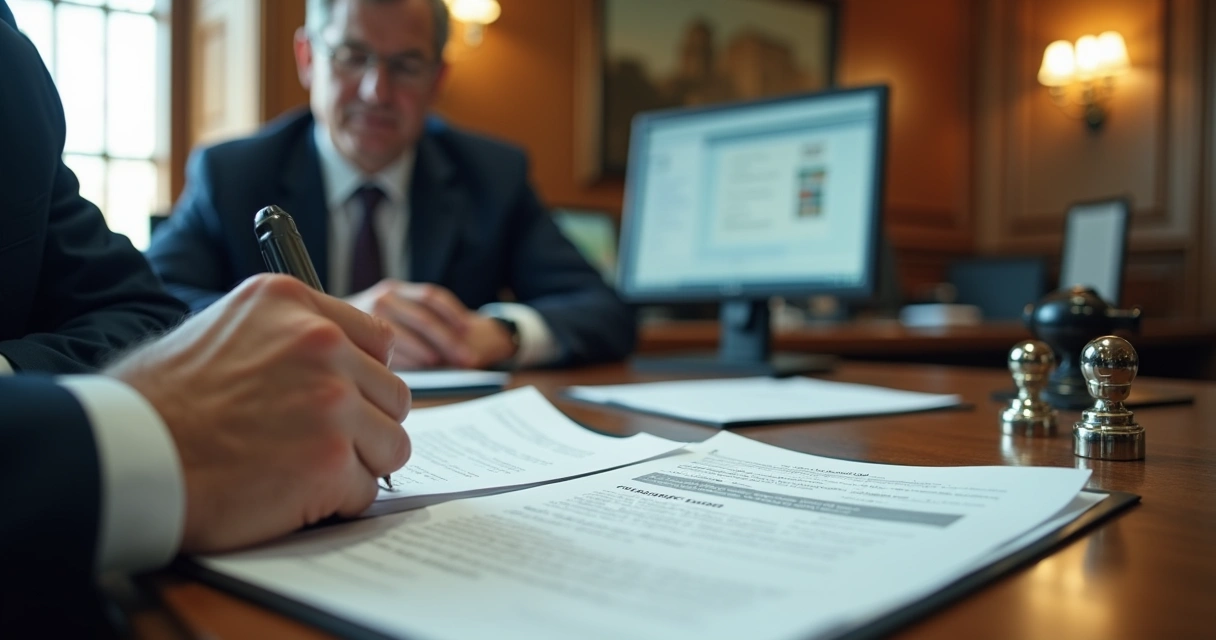 Funcionário público analisando documentos de transmissão imobiliária em prefeitura 