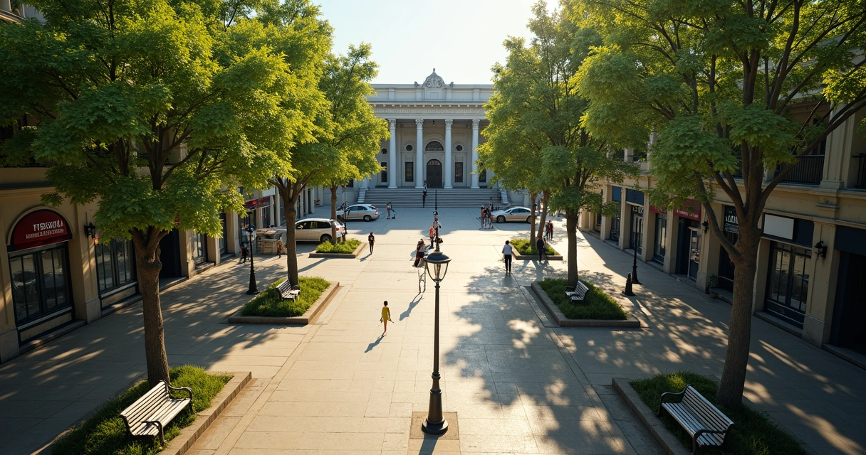 Vista aérea de uma praça central com prefeitura ao fundo, pessoas caminhando e árvores ao redor