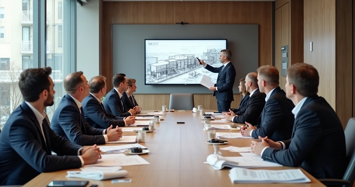 Sala de reuniões em uma prefeitura com projeto aprovado em cima da mesa 