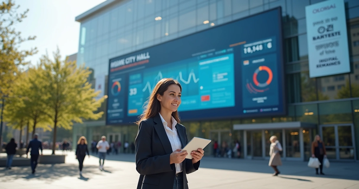 Gestora pública usando tablet em frente à prefeitura digitalizada.