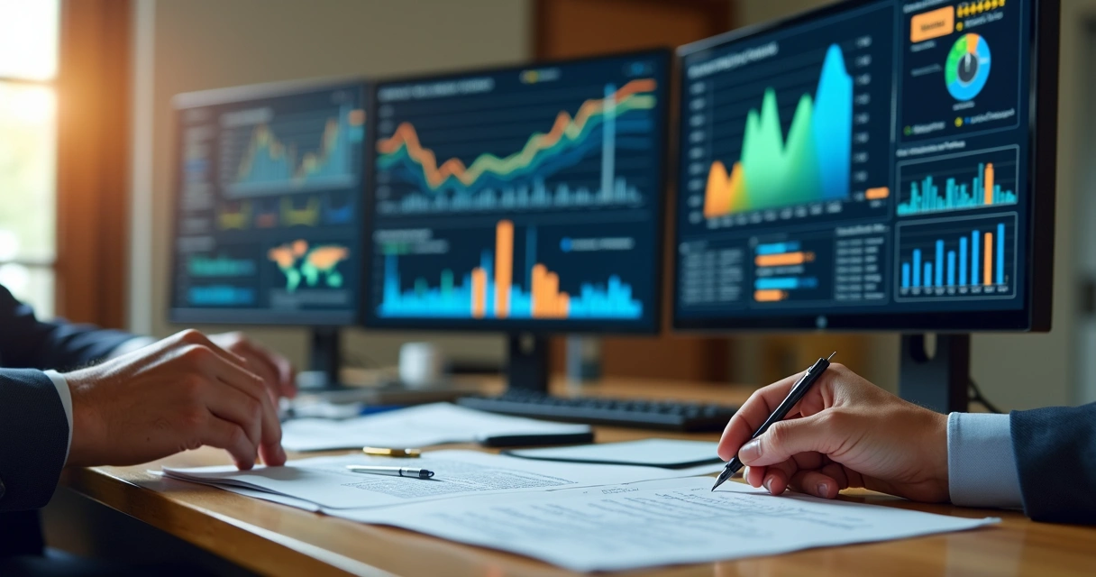 Tela de computador com edital aberto em ambiente digital, gráficos e documentos. 