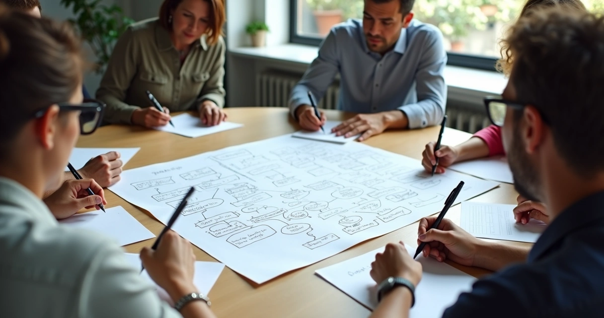 Círculo de personas anotando preguntas en hojas de papel 