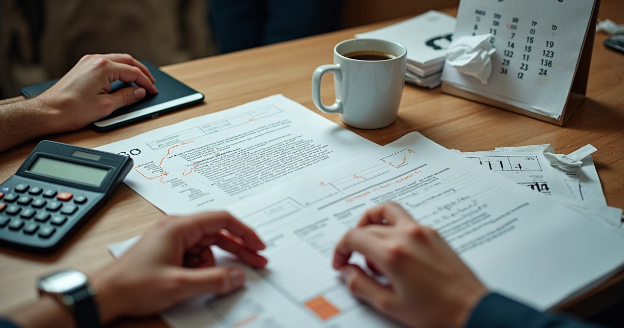 Mesa de escritório com documentos rasgados e calculadora ao lado de xícara derrubada 