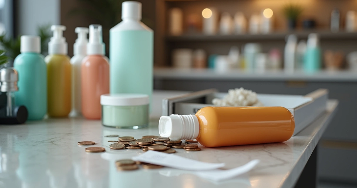 Produtos de beleza desperdiçados ao lado de caixa.